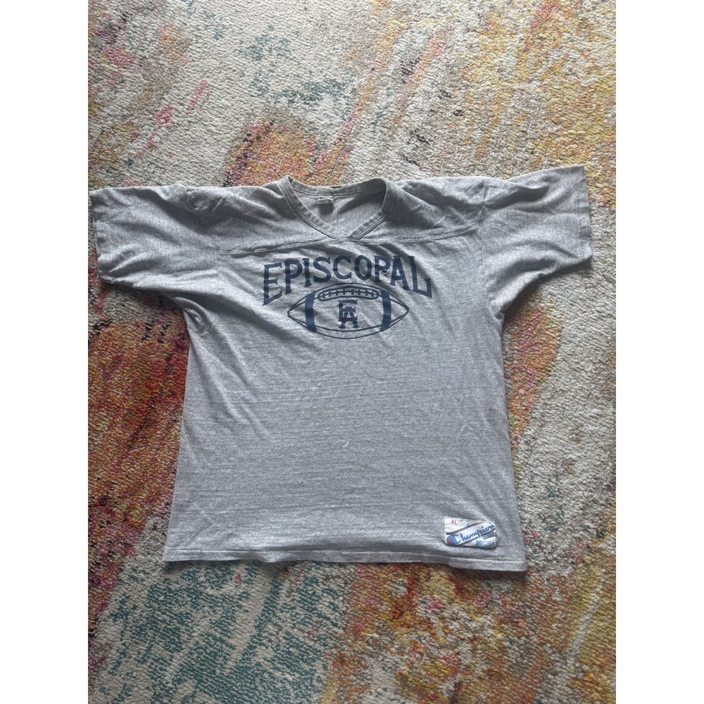 Vintage 80s Champion Episcopal Football Jersey T-Shirt XL Gray‎